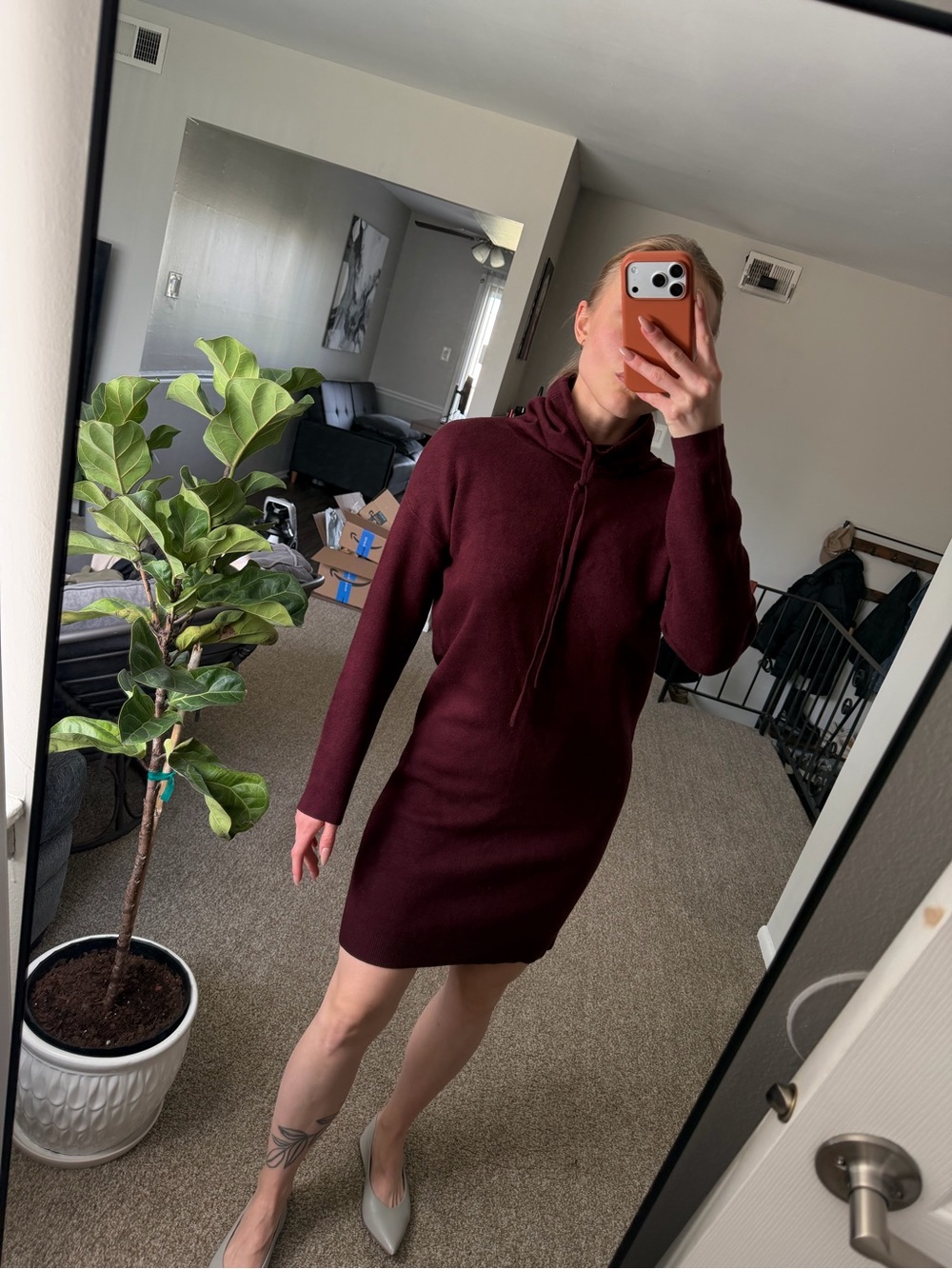Massimo Dutti Maroon Long-Sleeve Knit Dress